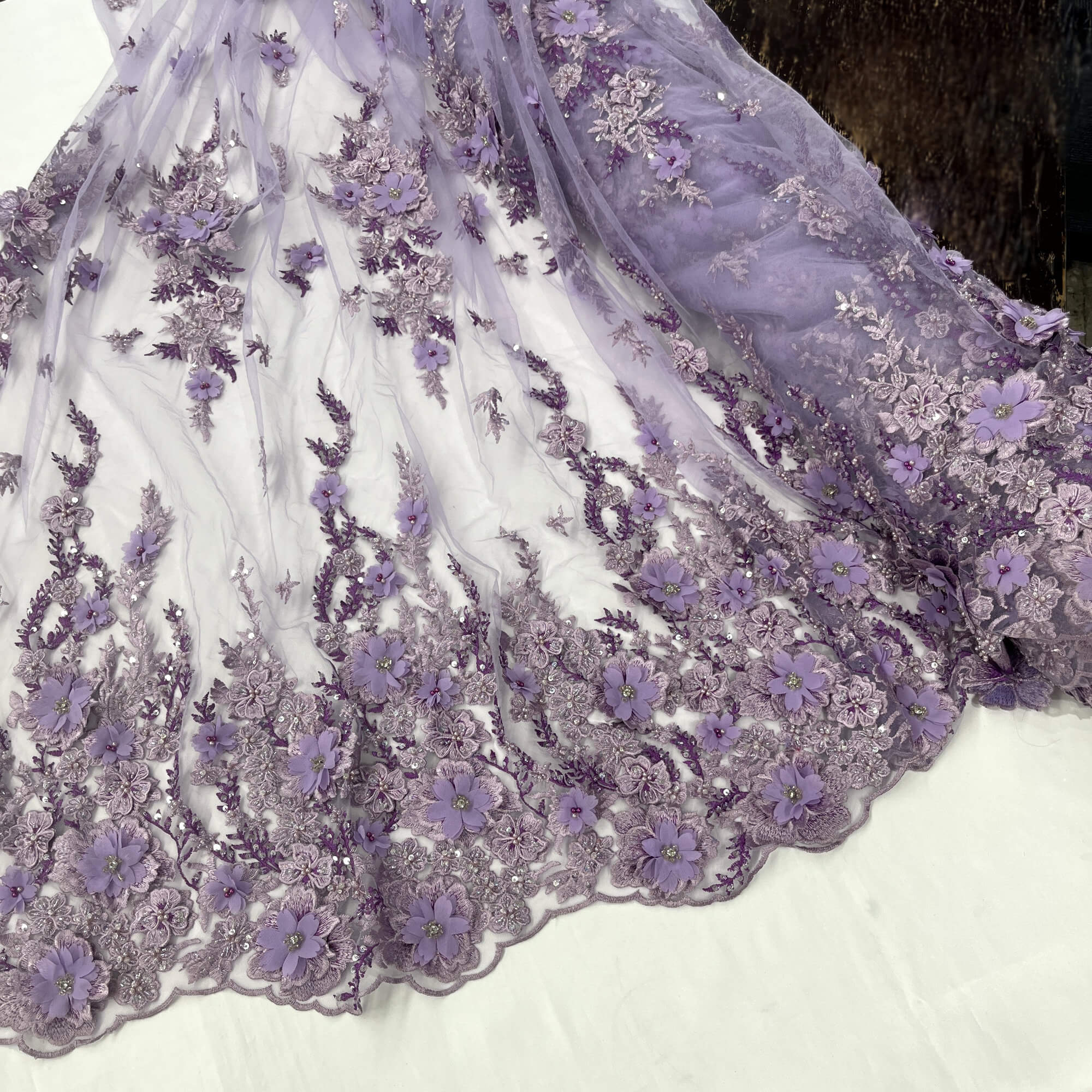 Mid view of lilac 3D embroidered floral lace fabric, embellished with beads and rhinestones – LaceUSA GD2880