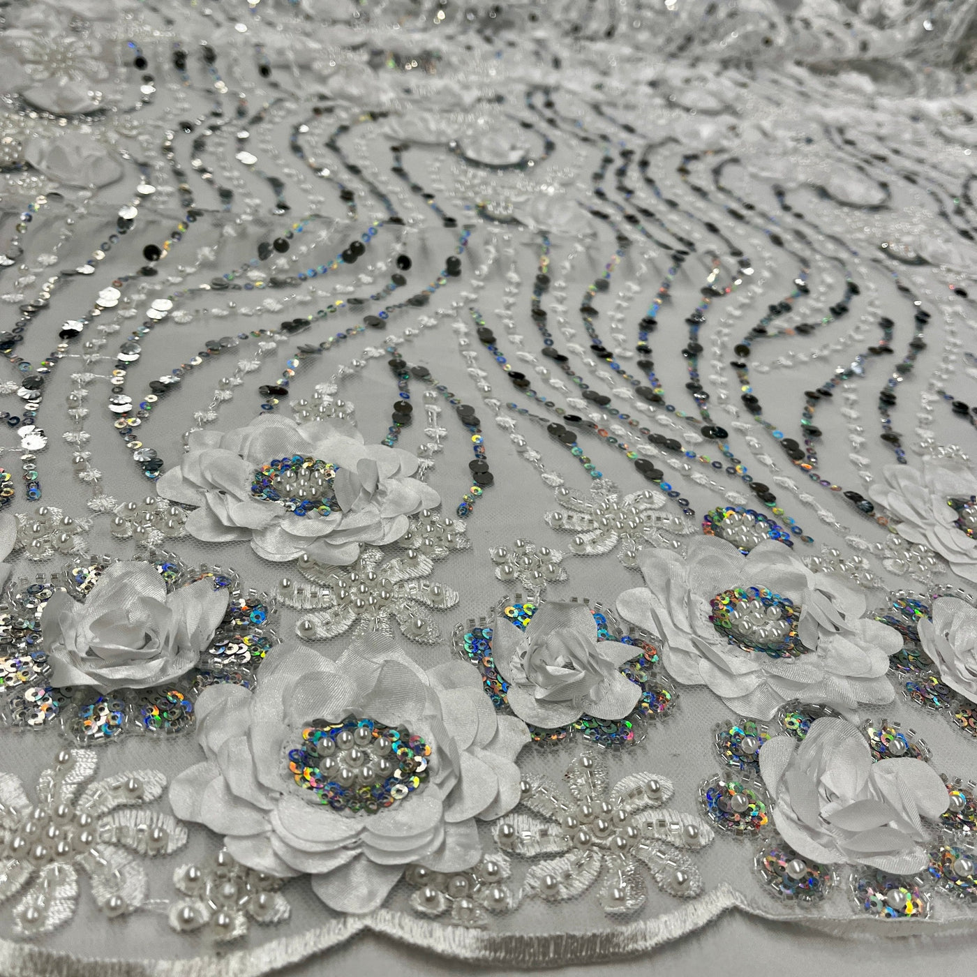Beaded and Sequined 3D Floral Sparkling Lace Fabric Embroidered on 100% Polyester Net Mesh | Lace USA - GD-2212