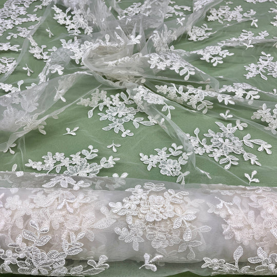 Corded Bridal Lace Fabric Embroidered on 100% Polyester Net Mesh | Lace USA - 91436W