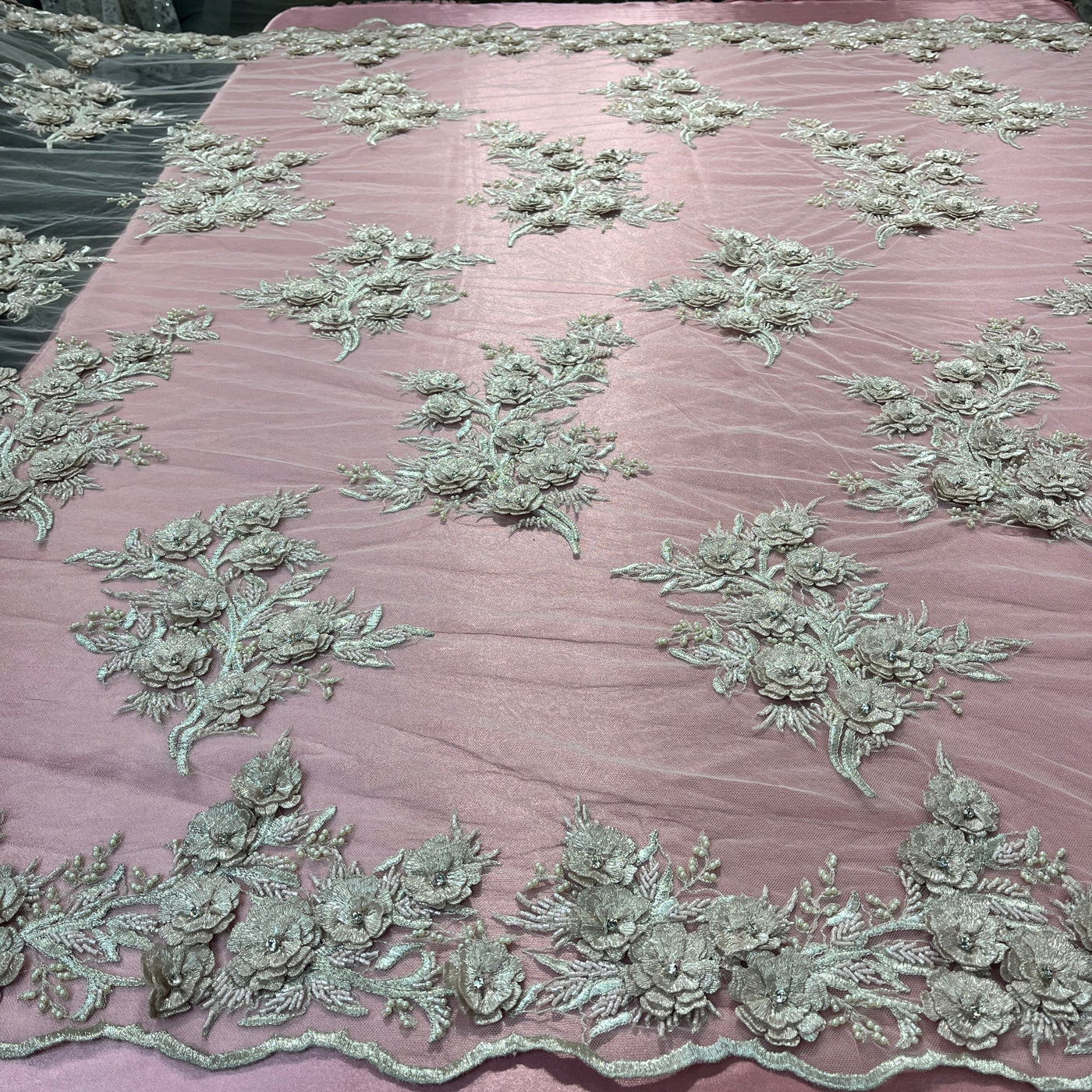 Beaded 3D Floral Lace Fabric Embroidered on 100% Polyester Net Mesh | Lace USA - GD-265