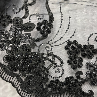 Beaded & Corded Lace Fabric Embroidered on 100% Polyester Net Mesh | Lace USA - GD-1807 Black