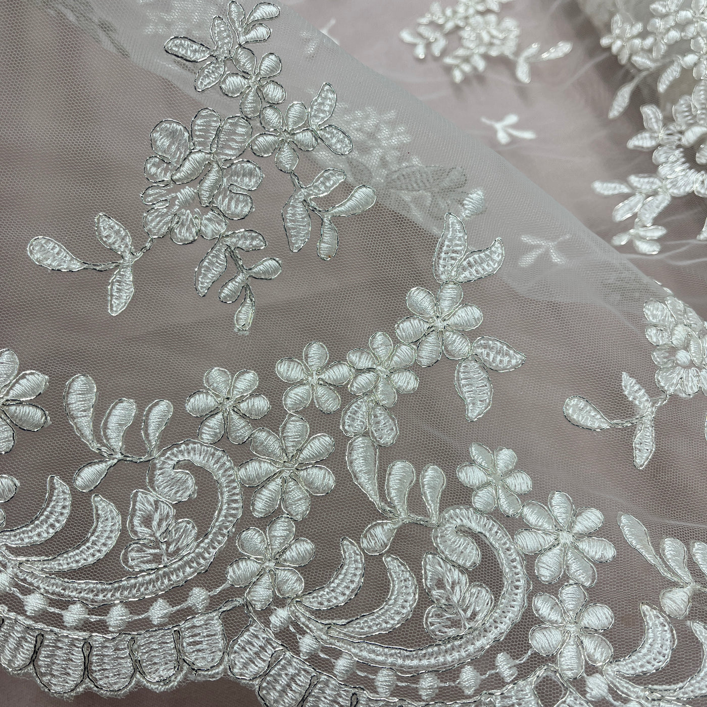 Corded Bridal Lace Fabric Embroidered on 100% Polyester Net Mesh | Lace USA - 91436W