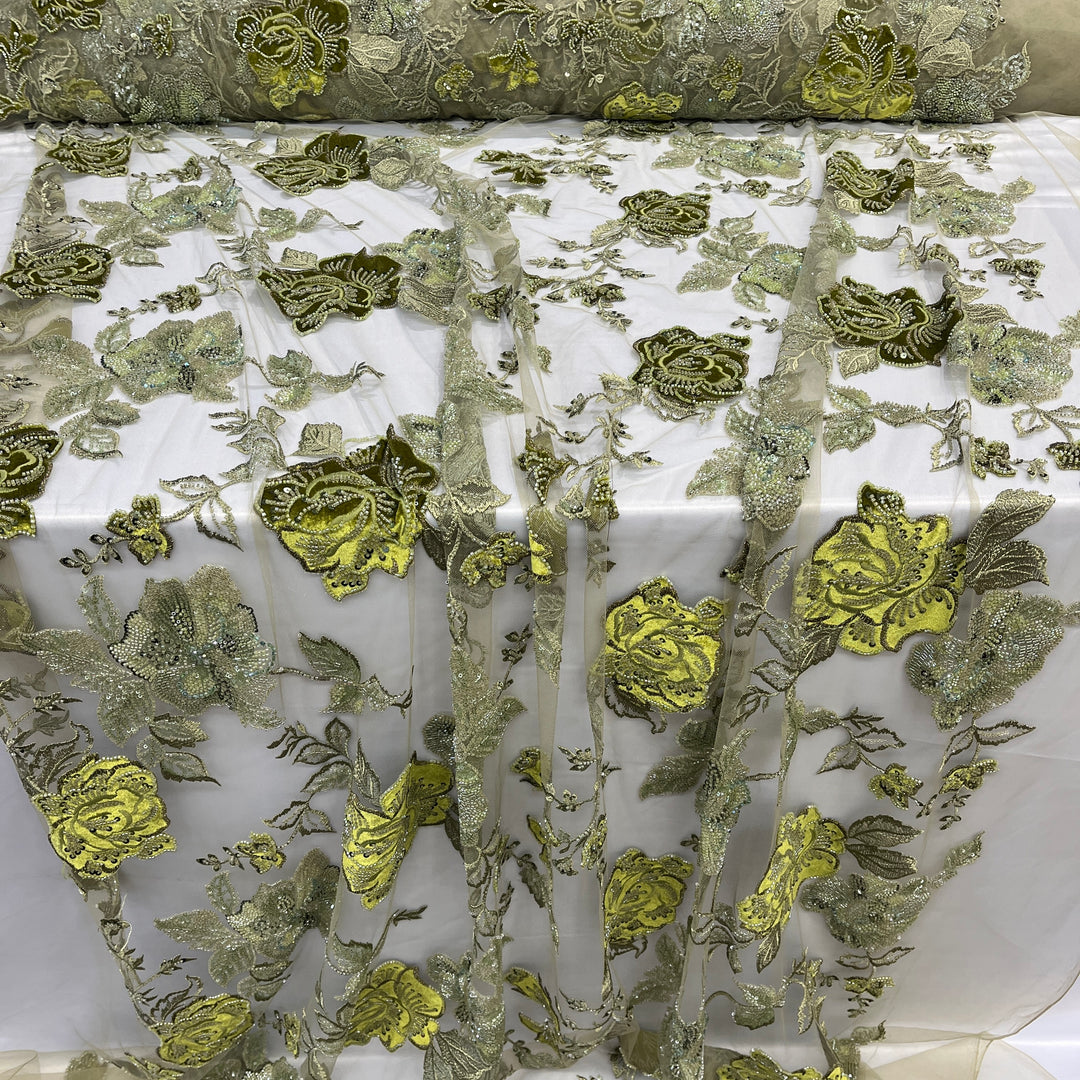 Beaded Lace Fabric Embroidered on 100% Polyester Net Mesh & Velvet | Lace USA - GD-2529