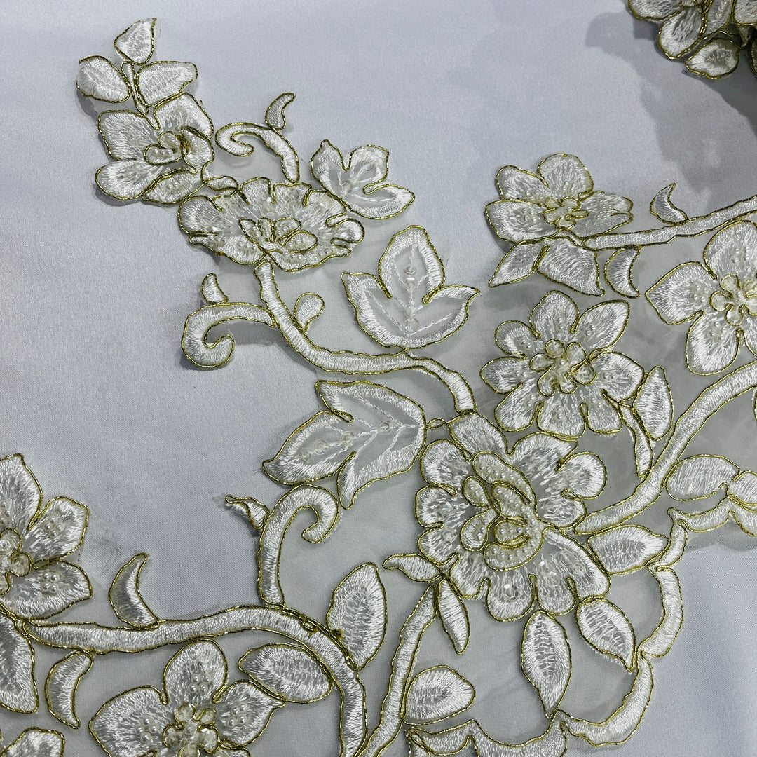 Beaded & Corded Lace Trimming Embroidered on 100% Polyester Organza | Lace USA - 95983N-BP