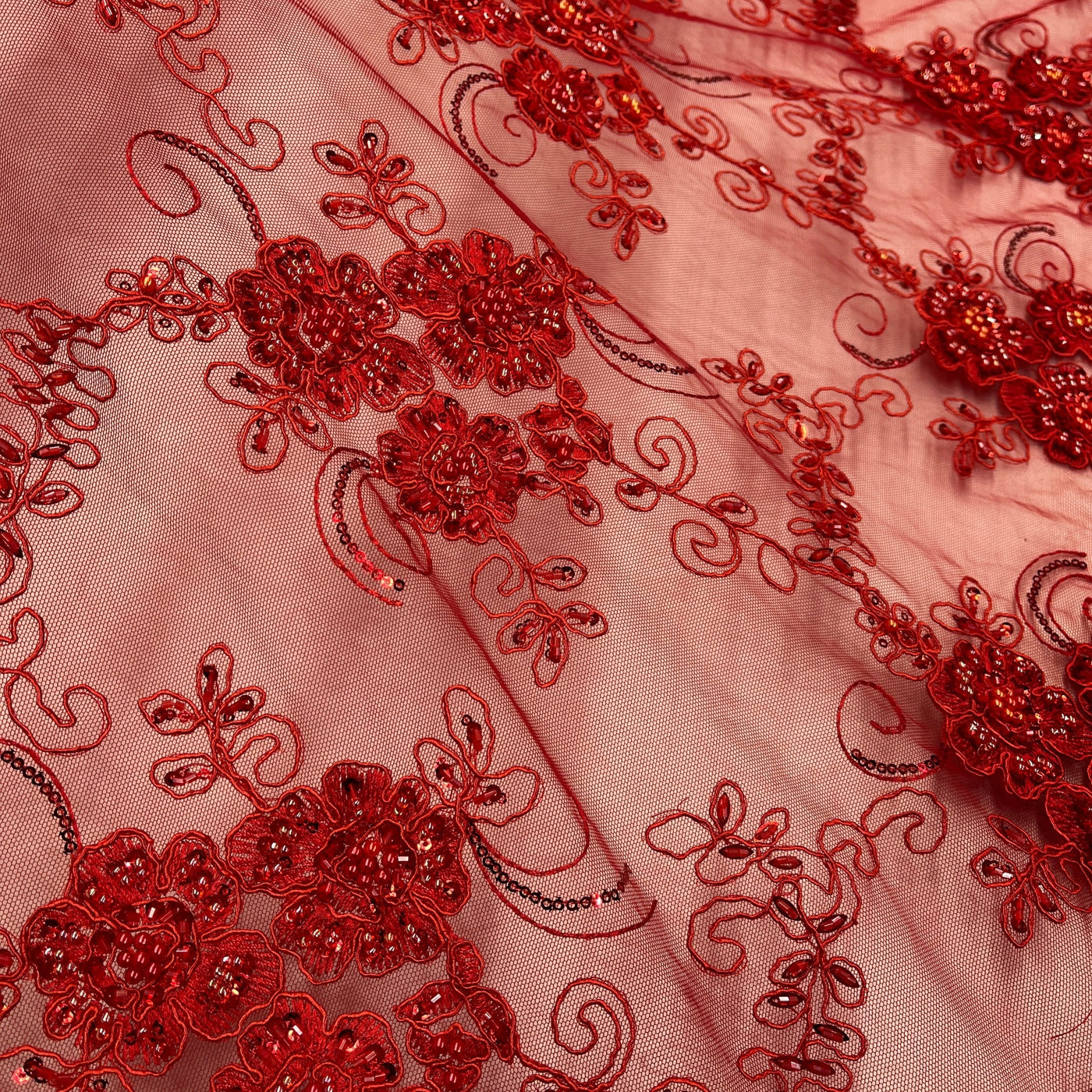 Beaded & Corded Bridal Lace Fabric Embroidered on 100% Polyester Net Mesh | Lace USA - GD-1822 Red