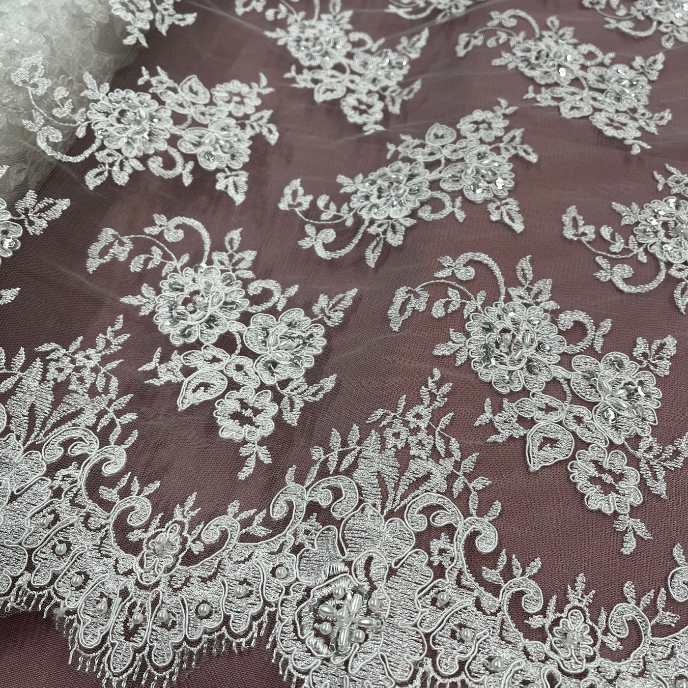 Beaded Lace Fabric Embroidered on 100% Polyester Net Mesh | Lace USA - 96682W-BP Ivory
