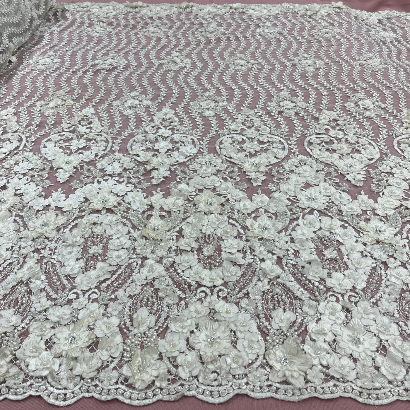 Beaded 3D Floral Lace Fabric Embroidered on 100% Polyester Net Mesh | Lace USA - GD-363