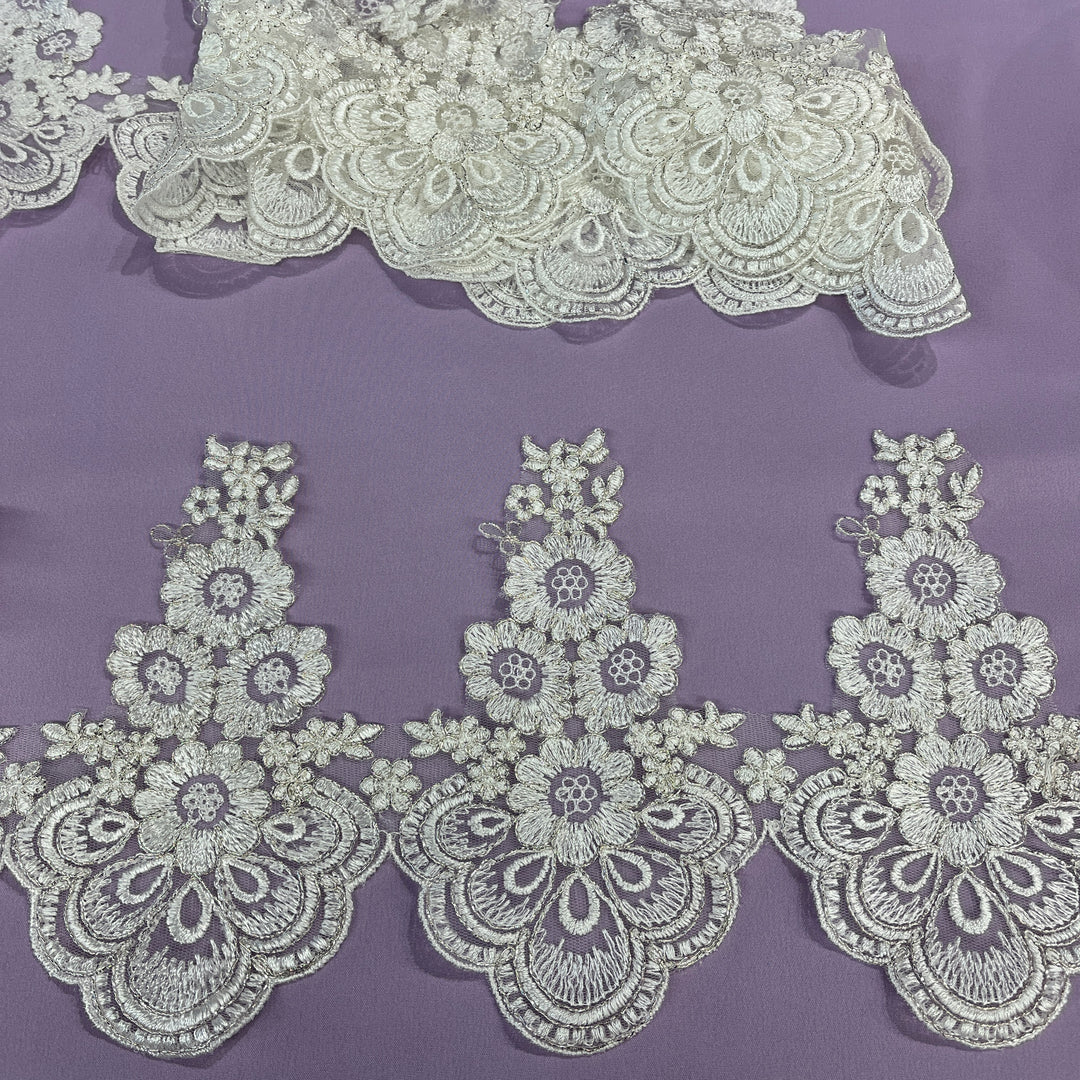 Corded Lace Trimming Embroidered on 100% Polyester Net Mesh | Lace USA - 97015W