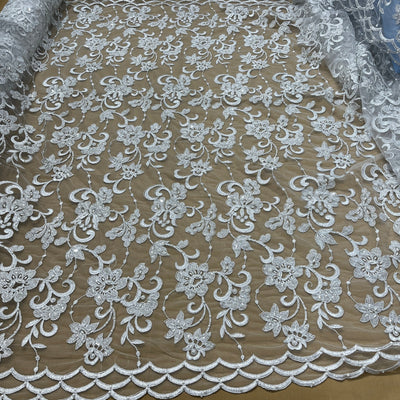 Beaded & Corded Bridal Fabric Lace Embroidered on 100% Polyester Net Mesh | Lace USA - 96297W-BP Silver