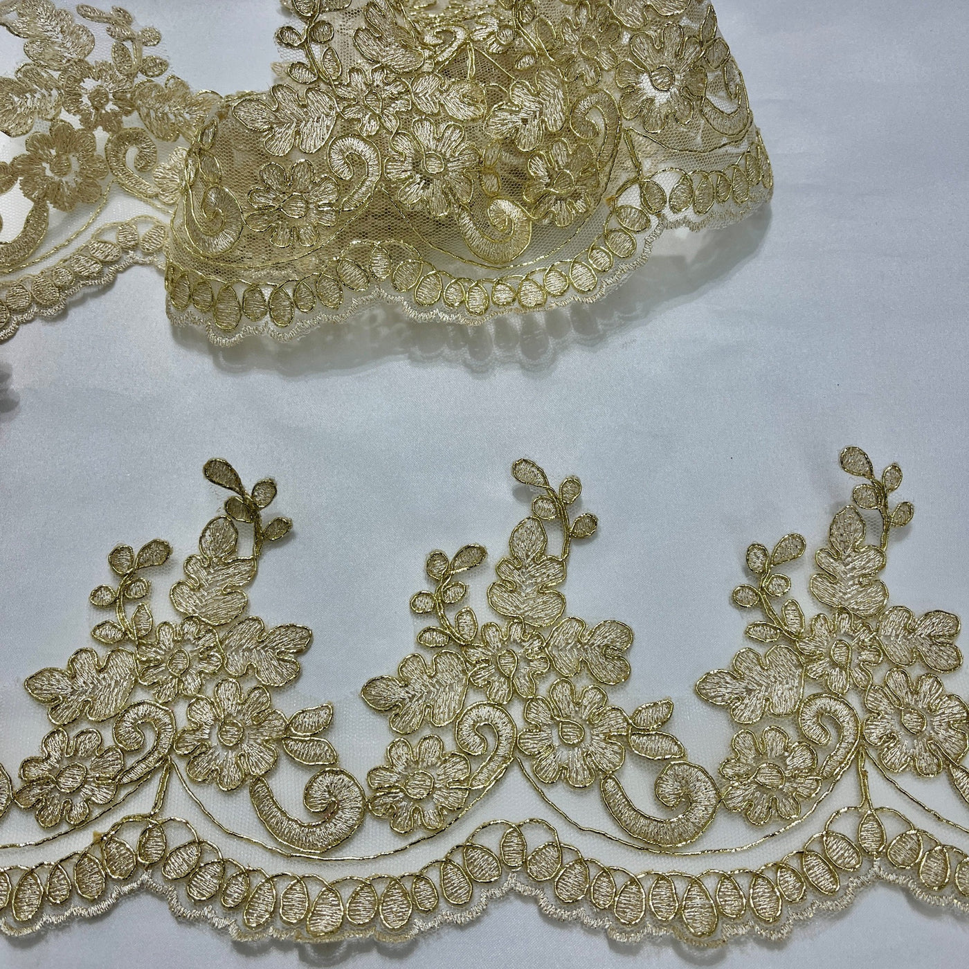 Corded Lace Trimming Embroidered on 100% Polyester Net Mesh | Lace USA - 96988W Gold