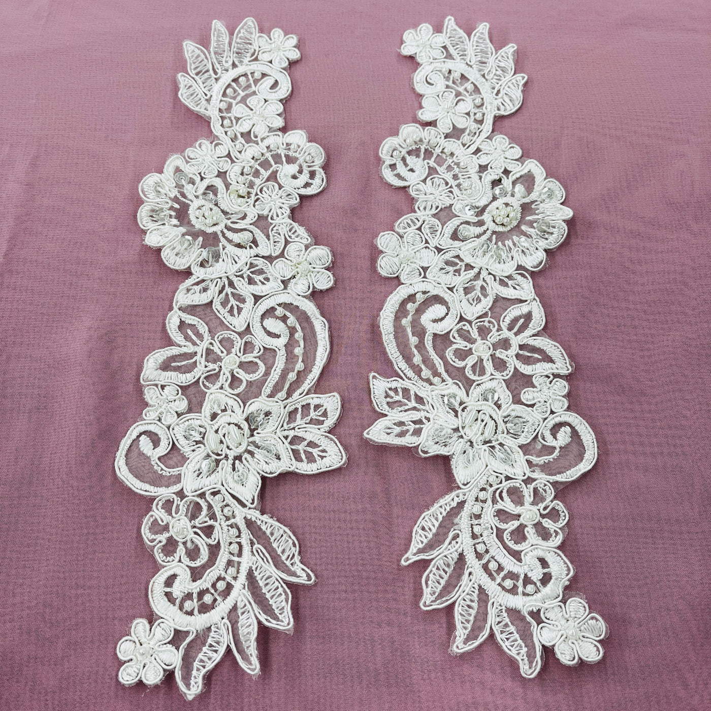 Beaded & Corded Floral Lace Applique Embroidered on 100% Polyester Organza | LaceUSA - 95931N-BP Ivory