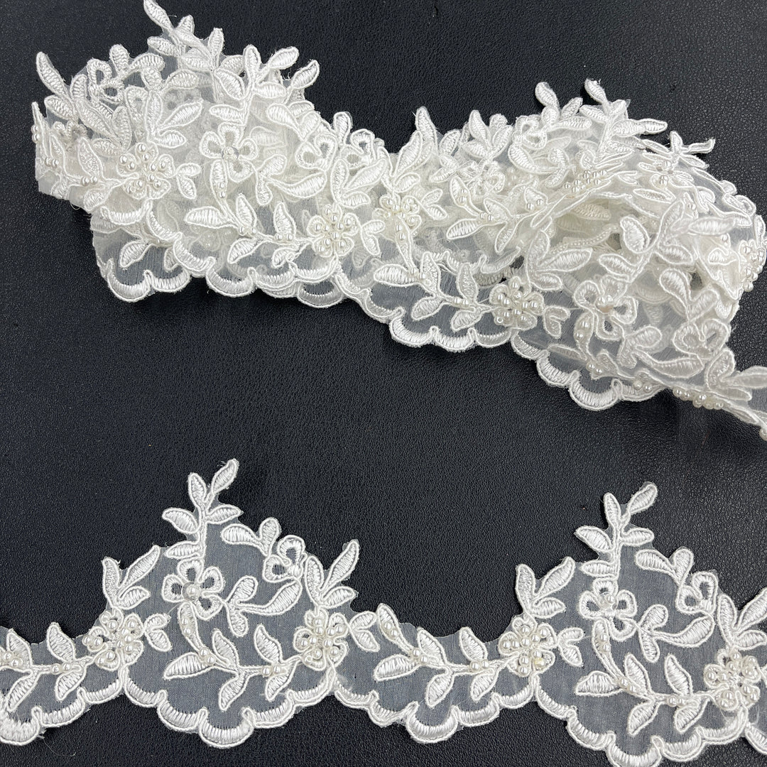Beaded & Corded Lace Trimming Embroidered on 100% Polyester  Organza | Lace USA - 95909N-BP