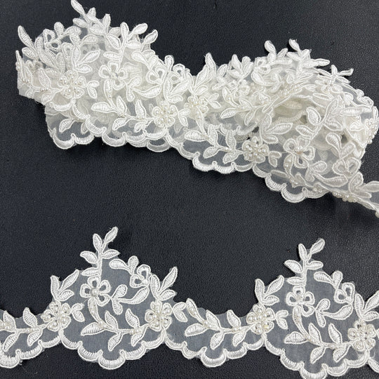 Beaded & Corded Lace Trimming Embroidered on 100% Polyester  Organza | Lace USA - 95909N-BP
