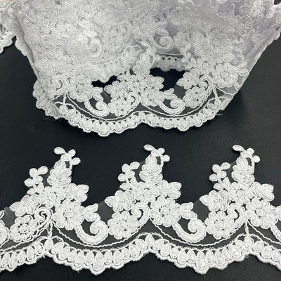 Corded Lace Trimming Embroidered on 100% Polyester Net Mesh | Lace USA - 96988W White