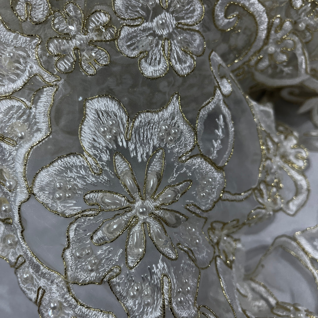 Beaded & Corded Lace Trimming Embroidered on 100% Polyester Organza | Lace USA - 95988N-BP