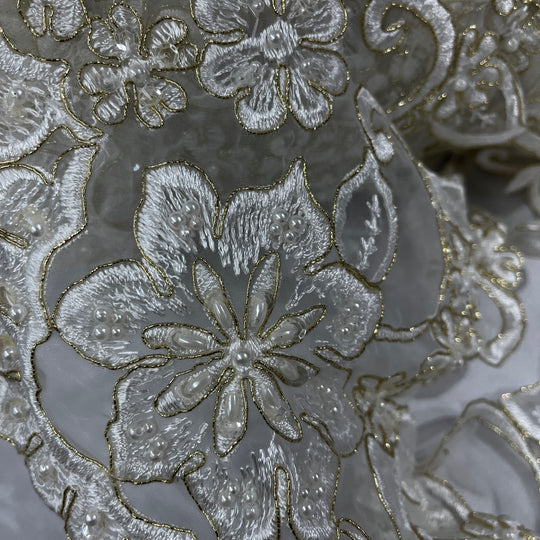 Beaded & Corded Lace Trimming Embroidered on 100% Polyester Organza | Lace USA - 95988N-BP