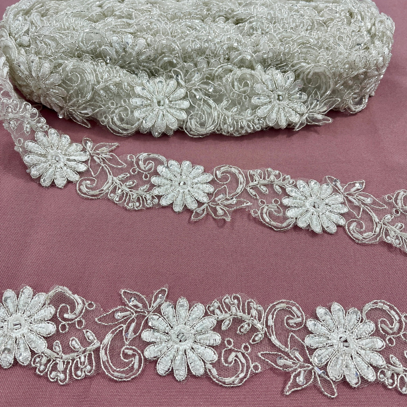 Beaded & Corded Lace Trimming Embroidered on 100% Polyester Net Mesh | Lace USA - 96275W-BP