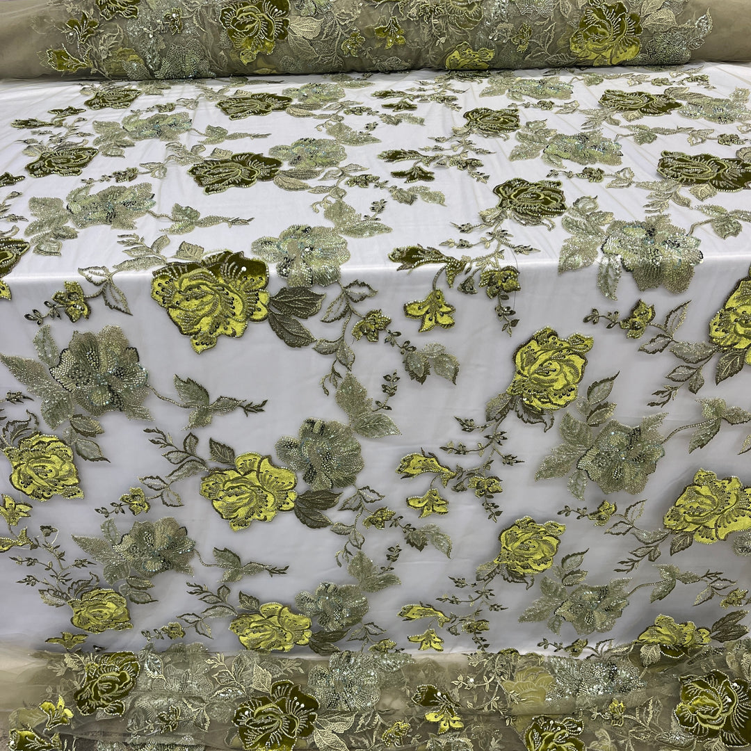 Beaded Lace Fabric Embroidered on 100% Polyester Net Mesh & Velvet | Lace USA - GD-2529