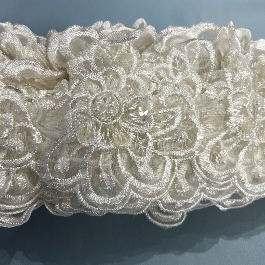 Beaded Lace Trimming Embroidered on 100% Polyester Organza | Lace USA - KZ-50