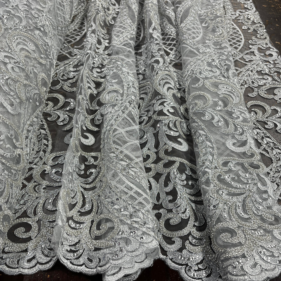 Beaded & Corded Bridal Lace Fabric Embroidered on 100% Polyester Net Mesh | Lace USA - GD-55221