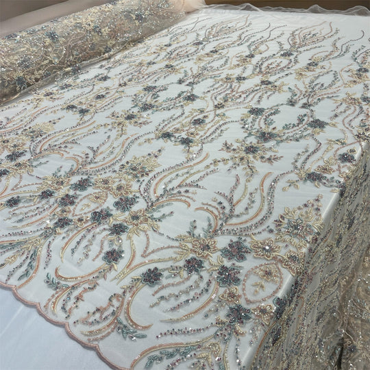 Beaded Lace Fabric Embroidered on 100% Polyester Net Mesh | Lace USA - GD-26227