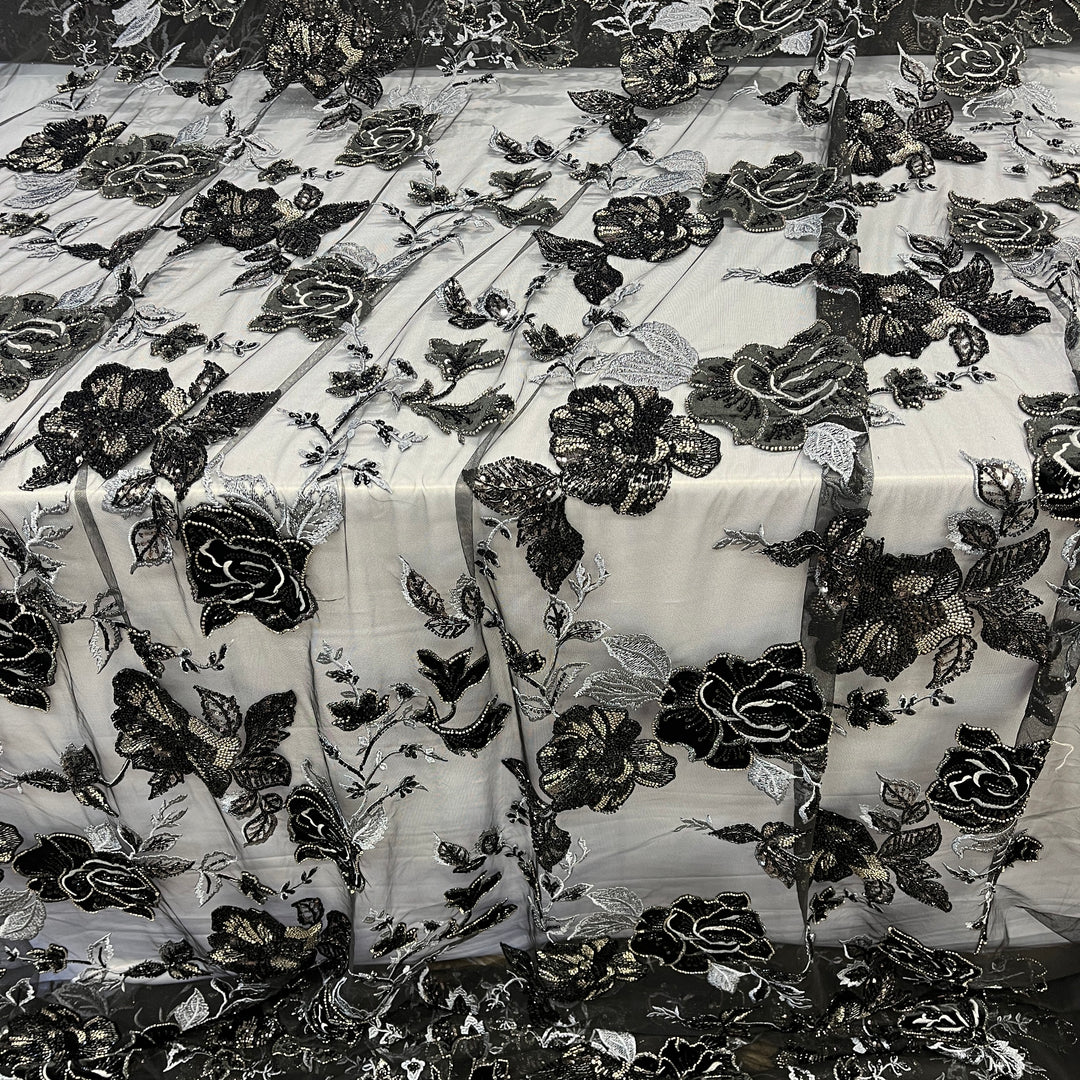 Beaded Lace Fabric Embroidered on 100% Polyester Net Mesh & Velvet | Lace USA - GD-2529