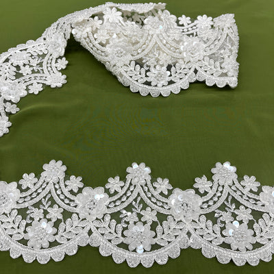 Beaded & Corded Floral Ivory Lace Trimming Embroidered on 100% Polyester Net Mesh | Lace USA - 97225W-HB