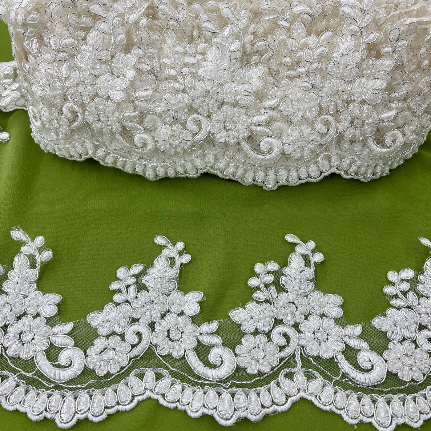 Beaded & Corded Lace Trimming Embroidered on 100% Polyester Net Mesh | Lace USA - 96988W-BP