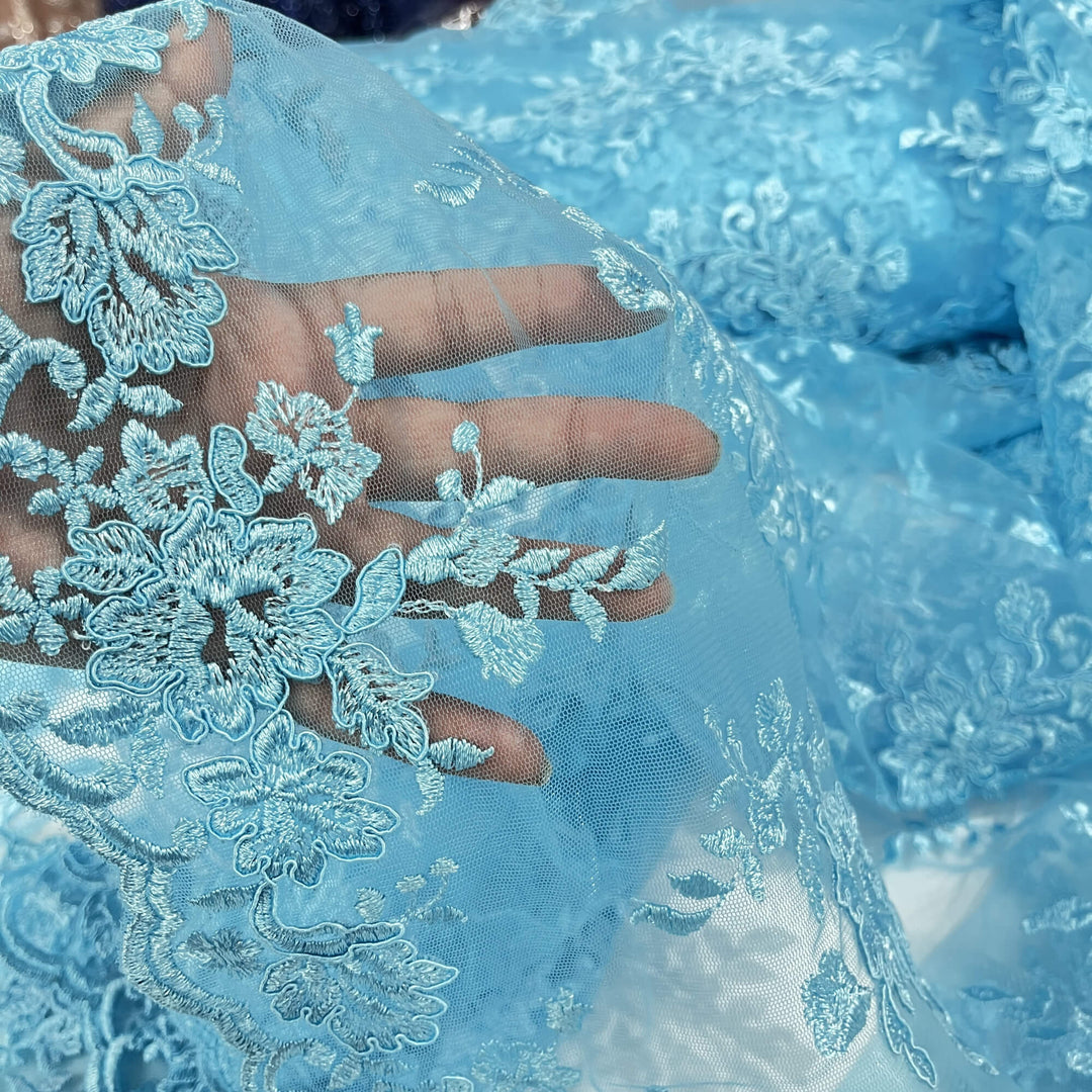 Tela de encaje nupcial con cordón bordada en malla de red 100% poliéster | Encaje EE. UU.