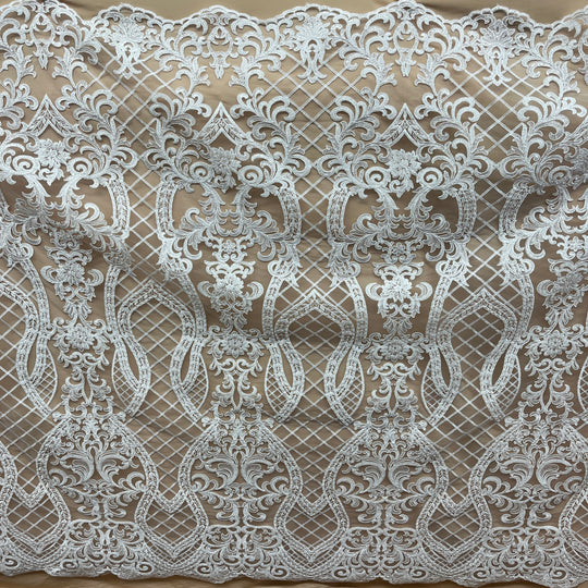 Beaded & Corded Bridal Lace Fabric Embroidered on 100% Polyester Net Mesh | Lace USA - GD-55221