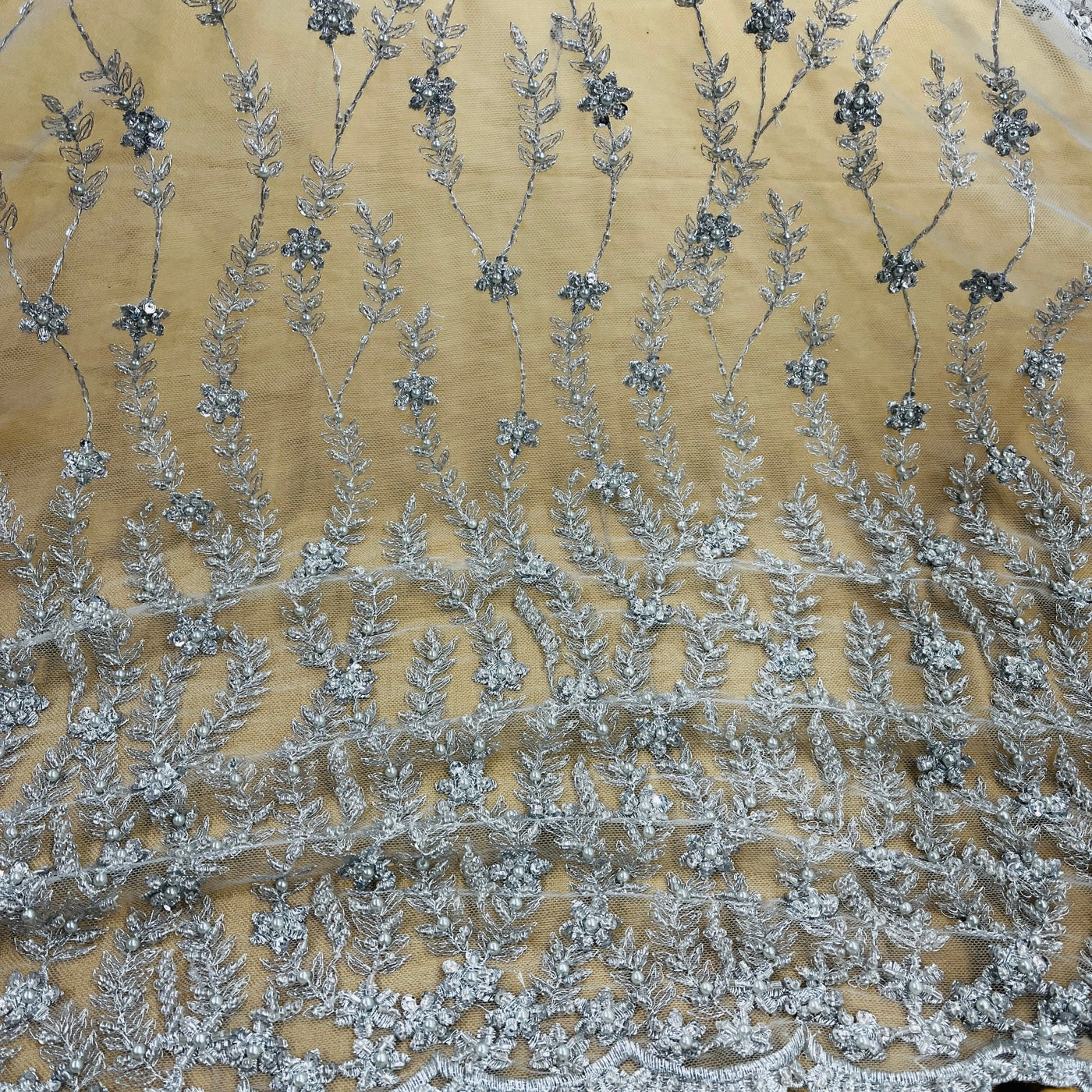 Beaded Lace Fabric Embroidered on 100% Polyester Net Mesh | Lace USA - GD-18613 Silver