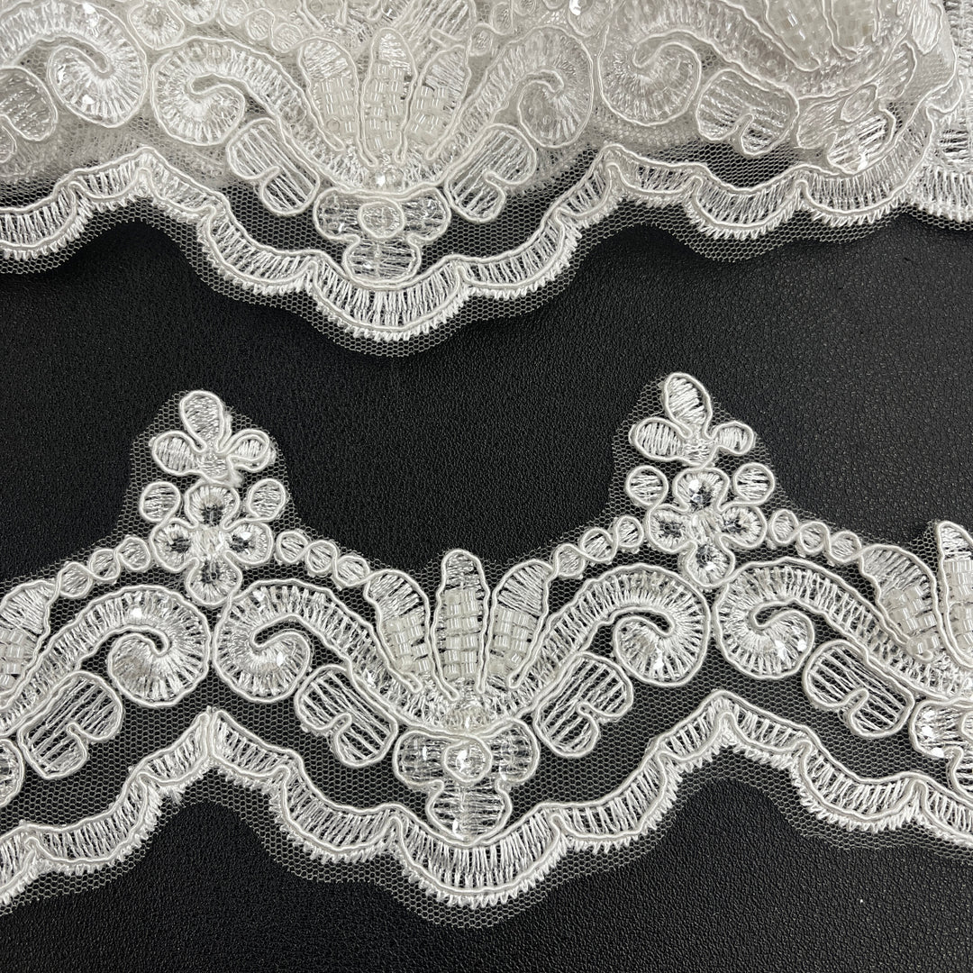 Beaded & Corded Lace Trimming Embroidered on 100% Polyester Net Mesh | Lace USA - KZ-34W-HB