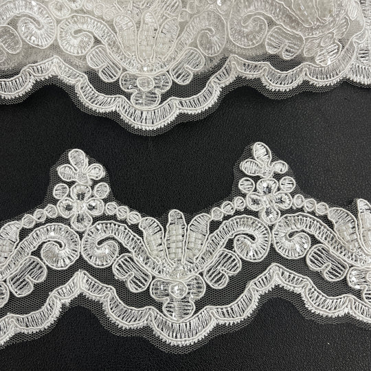Beaded & Corded Lace Trimming Embroidered on 100% Polyester Net Mesh | Lace USA - KZ-34W-HB