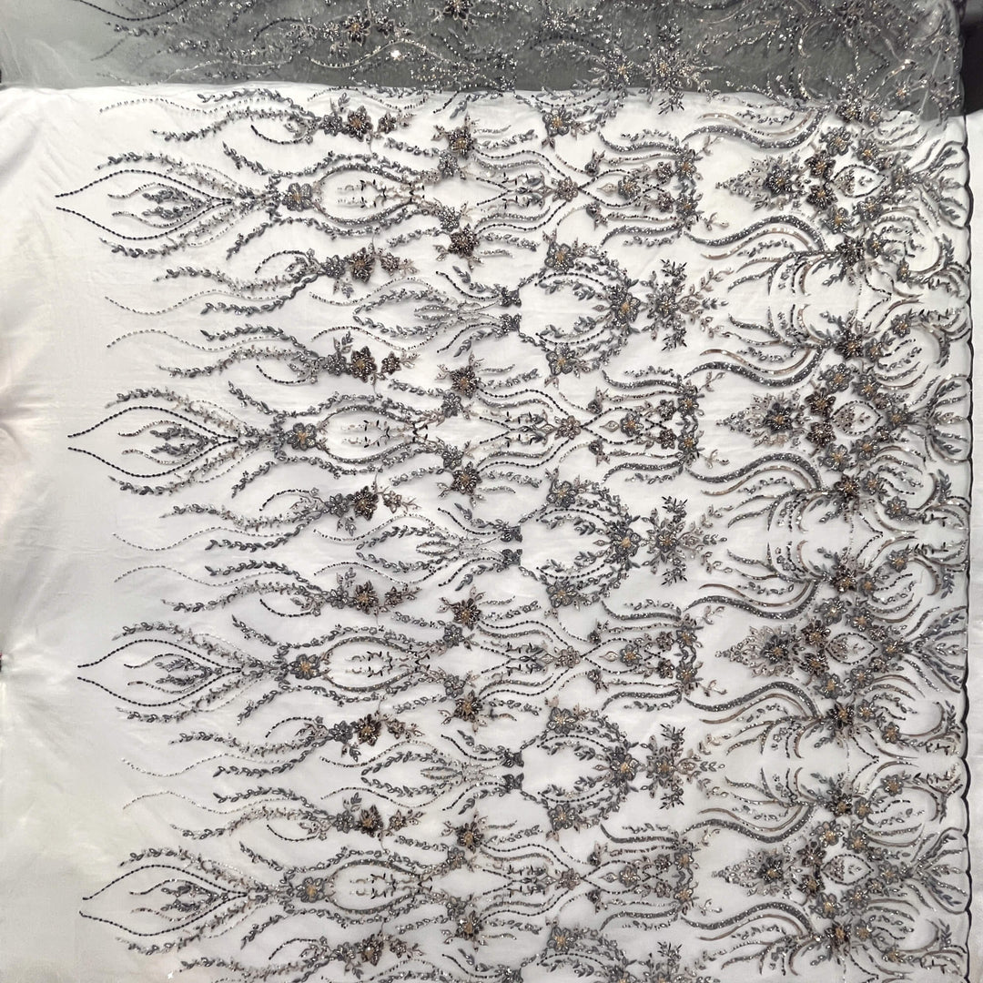 Beaded Lace Fabric Embroidered on 100% Polyester Net Mesh | Lace USA - GD-26227