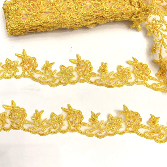 Beaded & Corded Lace Trimming Embroidered on 100% Polyester Net Mesh | Lace USA - 95942W-BP