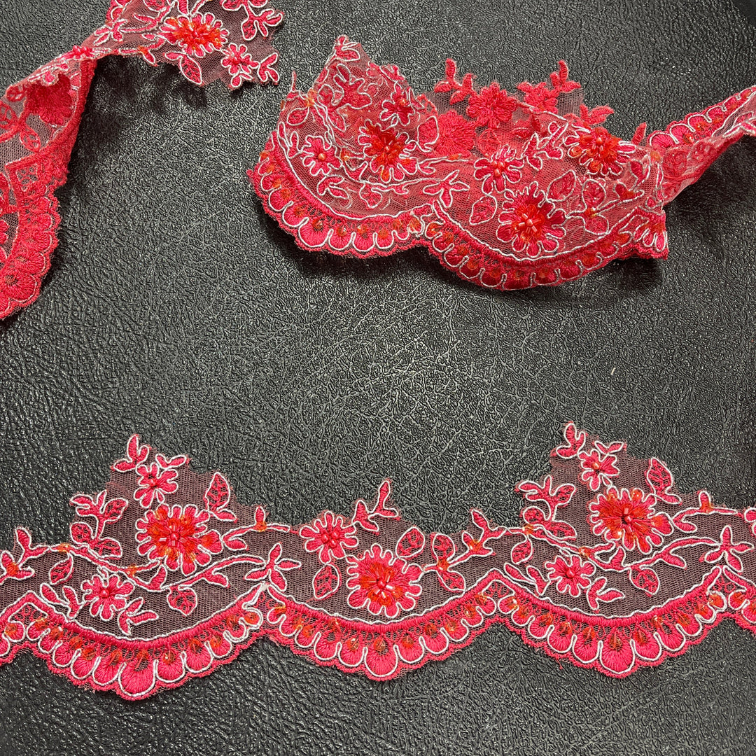 Coral floral lace trim with beads and silver corded embroidery on polyester net mesh | Lace USA - 96215W-BP