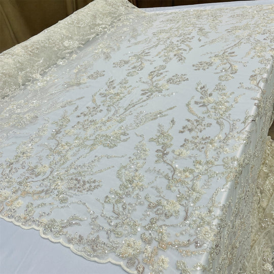 Beaded Lace Fabric Embroidered on 100% Polyester Net Mesh | Lace USA - GD-26228