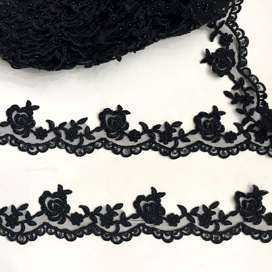 Beaded & Corded Lace Trimming Embroidered on 100% Polyester Net Mesh | Lace USA - 95941W/1-BP