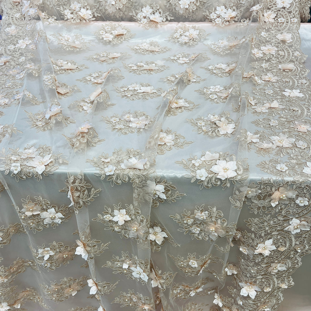 Beaded 3D Floral Lace Fabric Embroidered on 100% Polyester Net Mesh | Lace USA - GD-982