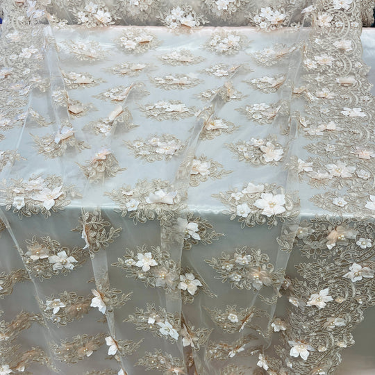 Beaded 3D Floral Lace Fabric Embroidered on 100% Polyester Net Mesh | Lace USA - GD-982