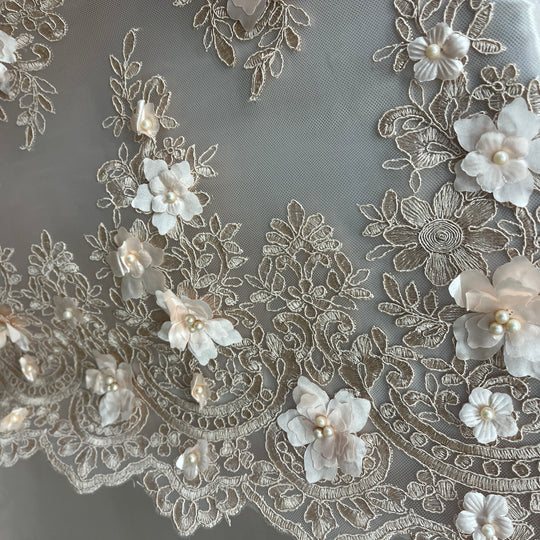 Beaded 3D Floral Lace Fabric Embroidered on 100% Polyester Net Mesh | Lace USA - GD-982