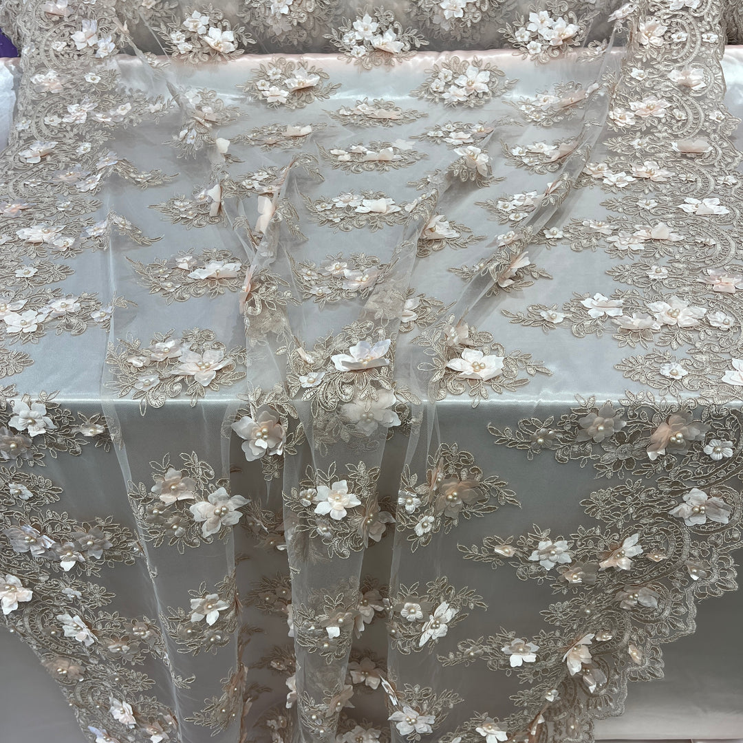 Beaded 3D Floral Lace Fabric Embroidered on 100% Polyester Net Mesh | Lace USA - GD-982