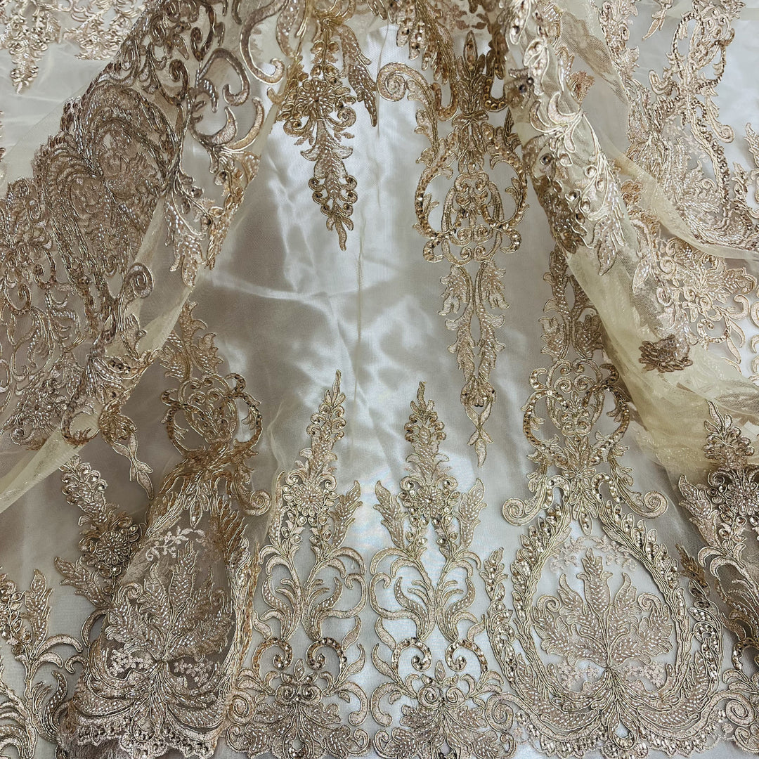 Beaded & Corded Bridal Lace Fabric Embroidered on 100% Polyester Net Mesh | Lace USA