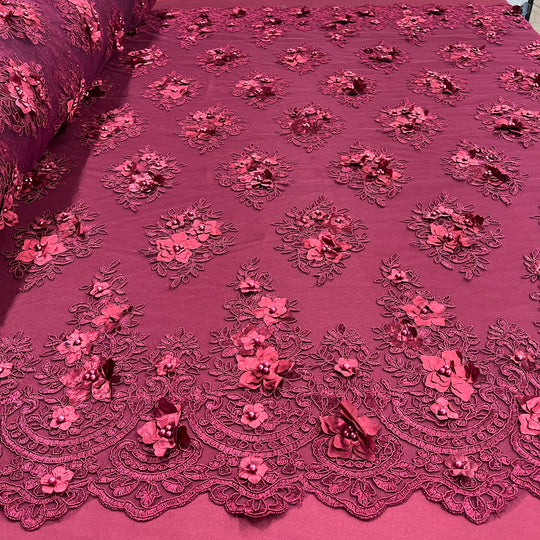 Beaded 3D Floral Lace Fabric Embroidered on 100% Polyester Net Mesh | Lace USA - GD-982
