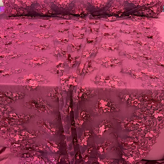 Beaded 3D Floral Lace Fabric Embroidered on 100% Polyester Net Mesh | Lace USA - GD-982