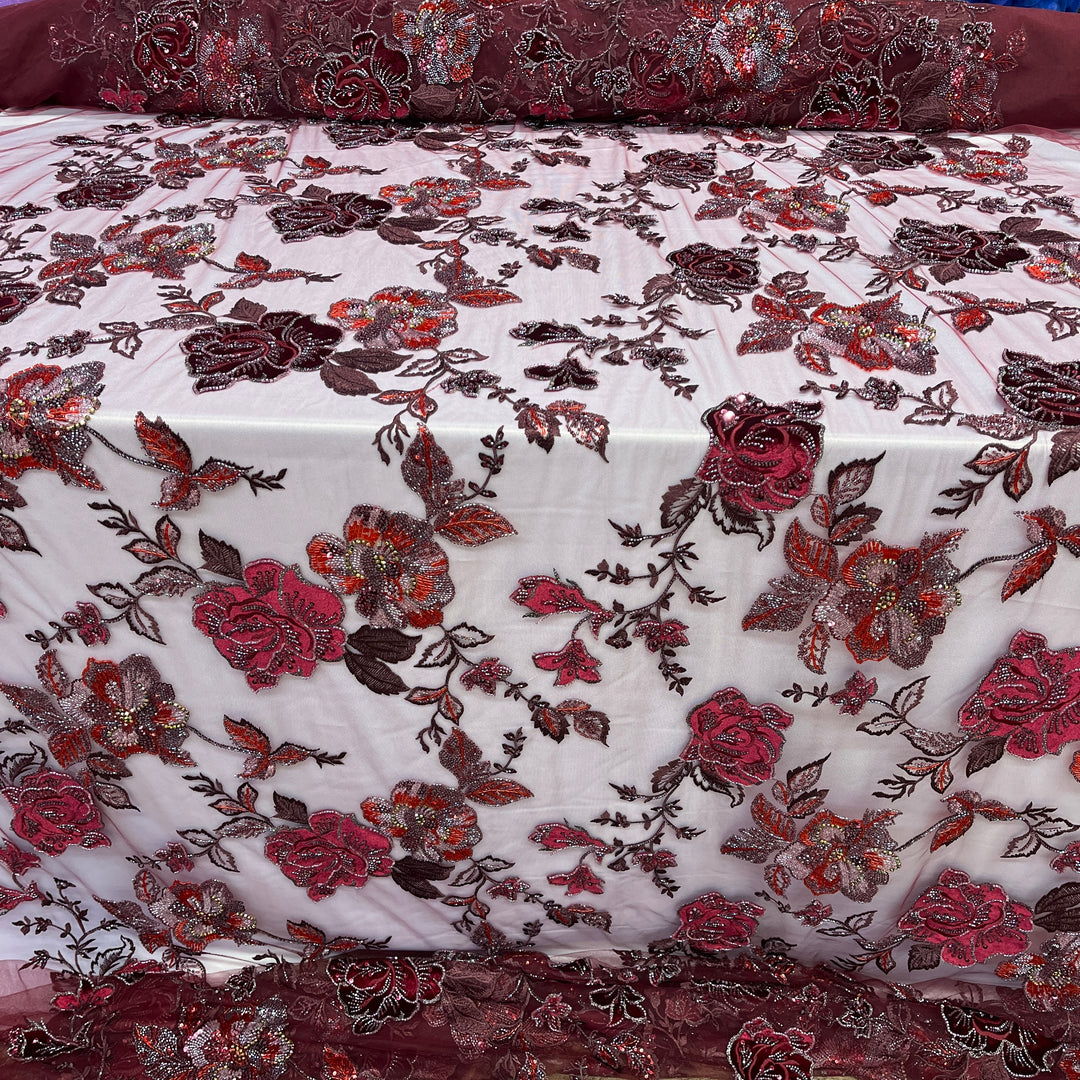 Beaded Lace Fabric Embroidered on 100% Polyester Net Mesh & Velvet | Lace USA - GD-2529