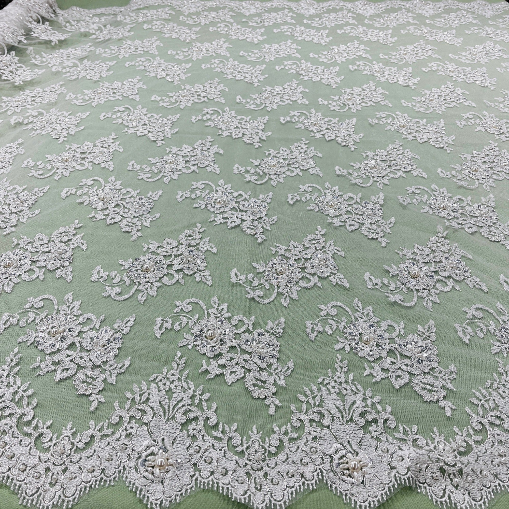 Beaded Lace Fabric Embroidered on 100% Polyester Net Mesh | Lace USA - 96682W-BP Ivory with Silver