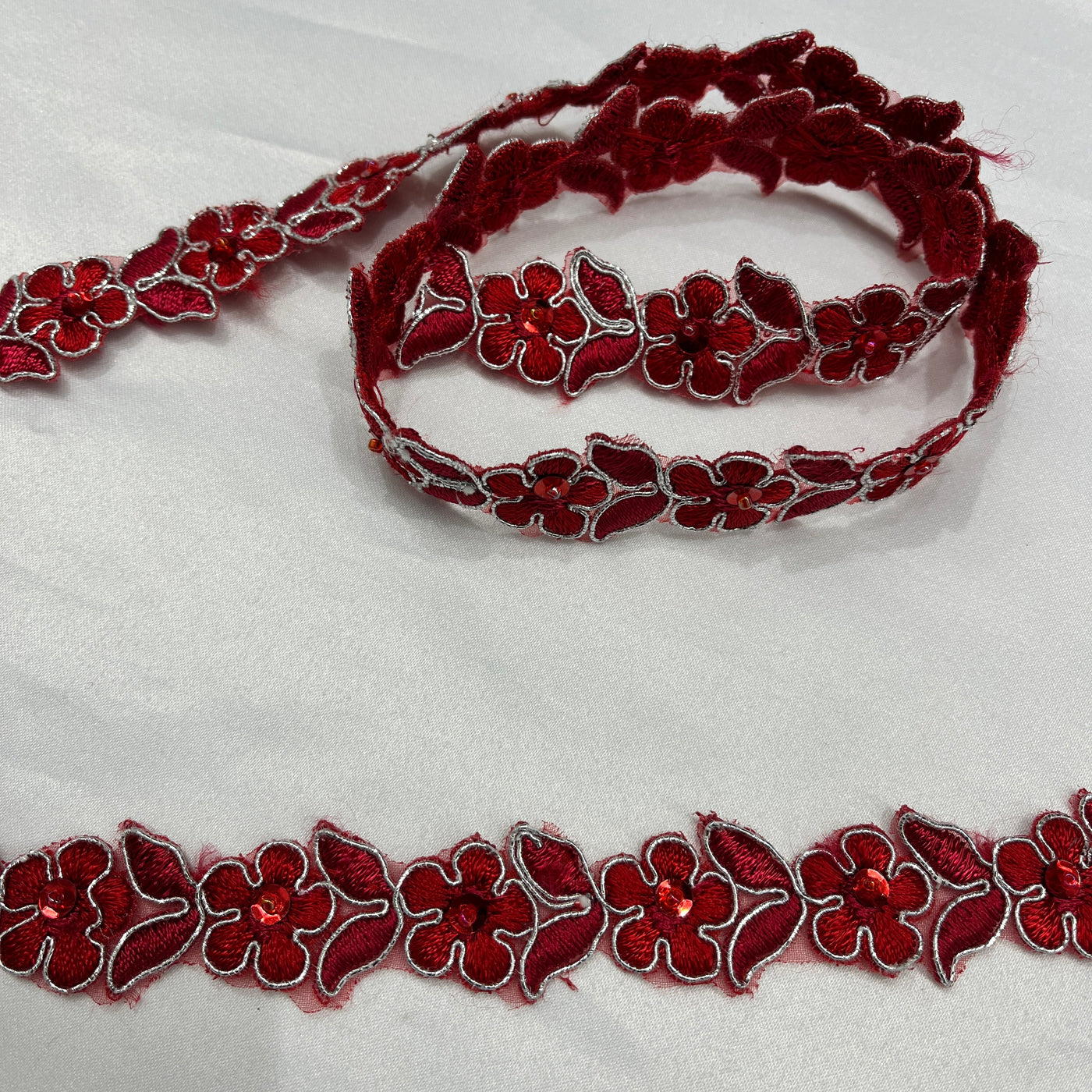 Corded, Beaded & Embroidered Red/silver cord Trimming. Lace Usa