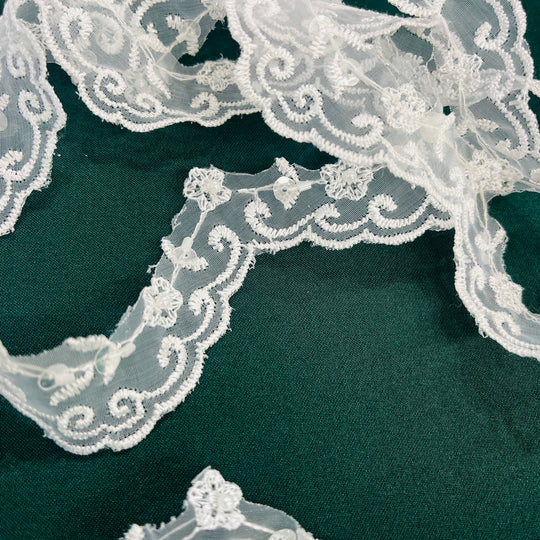 Beaded Lace Trimming Embroidered on 100% Polyester Organza | Lace USA - 20046N-BP-White