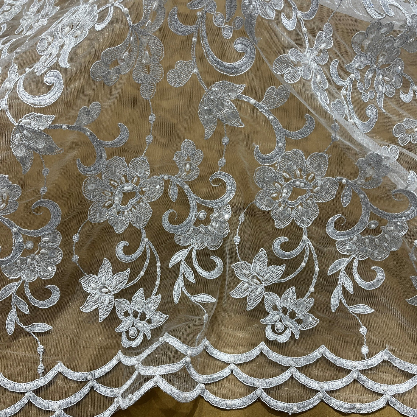 Beaded & Corded Bridal Fabric Lace Embroidered on 100% Polyester Net Mesh | Lace USA - 96297W-BP Silver